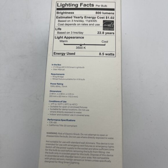 Ring smart light bulb 800 Lumens A19 Led NIB New in Box - Picture 3 of 4
